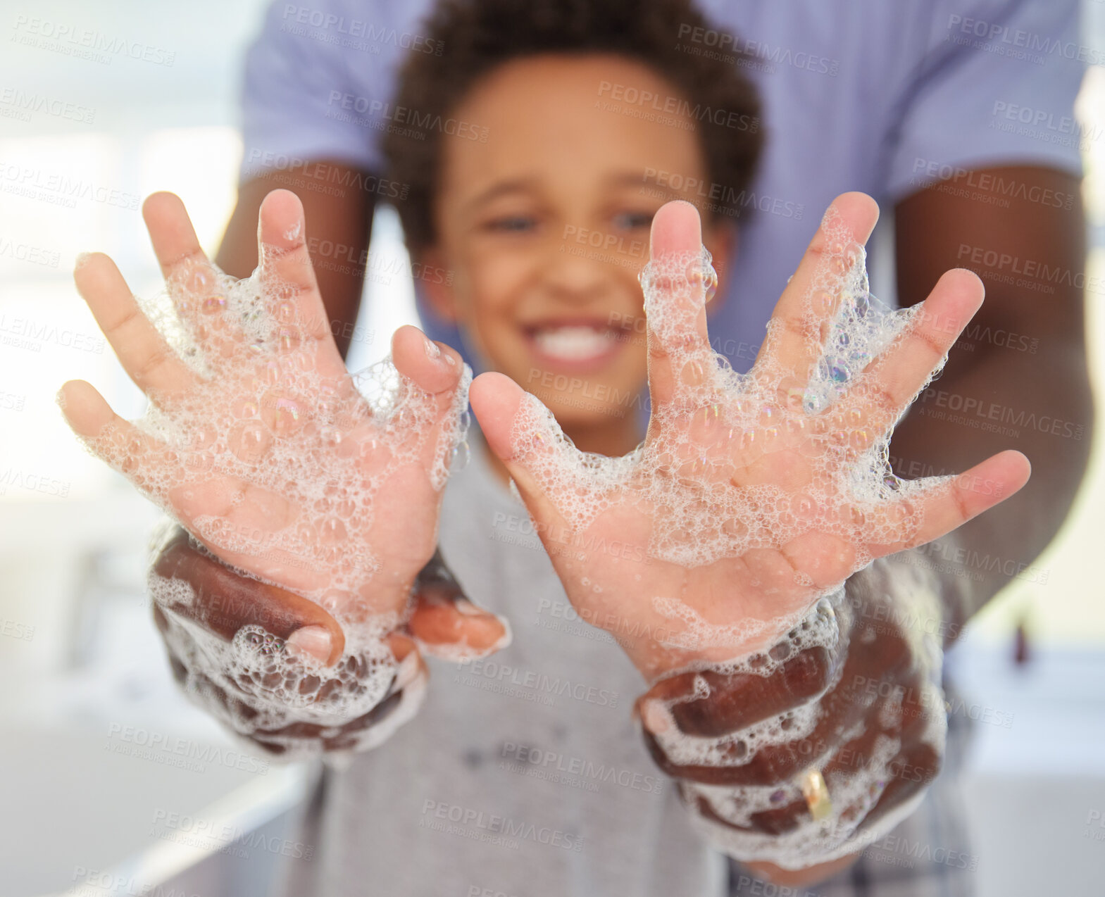 Buy stock photo Black family, washing hands and soap foam with a father and child in a bathroom with a smile. Blurred background, papa helping and hygiene support of a kid with dad together with happiness and care
