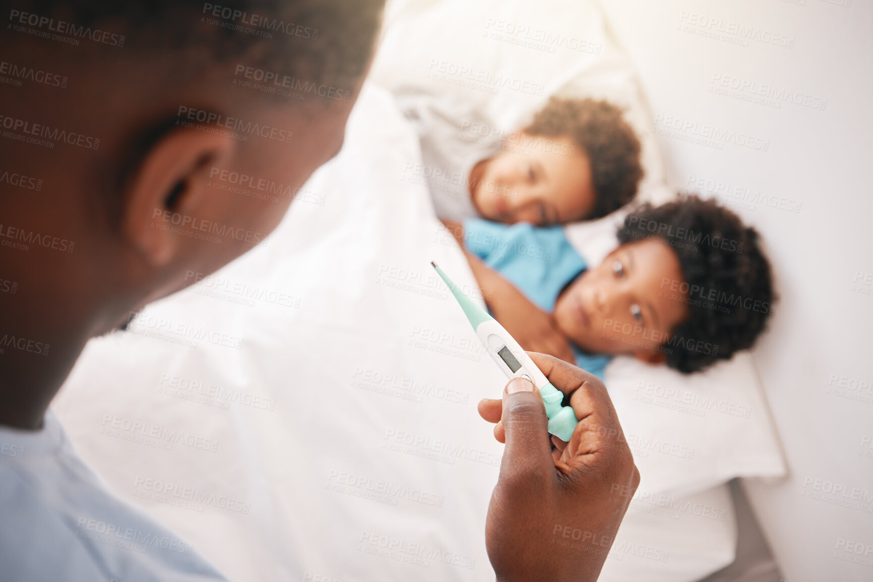 Buy stock photo Black family, father and sick kids with thermometer for checking temperature, fever or illness at home in bed. Hand of African American dad taking children temp in bedroom for healthcare diagnosis