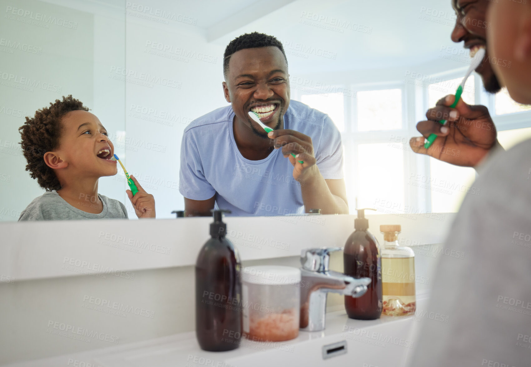 Buy stock photo Dental, brushing teeth and father with son in bathroom for bonding, morning routine and cleaning. Teaching, self care and toothbrush with black man and child at home for wellness, fresh and hygiene
