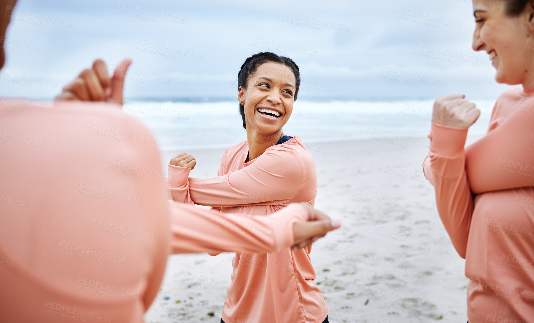 Buy stock photo Volleyball, smile and women stretching on beach excited to play match, competition and sports game. Teamwork, fitness and happy female players stretch arms for warm up practice, training and exercise