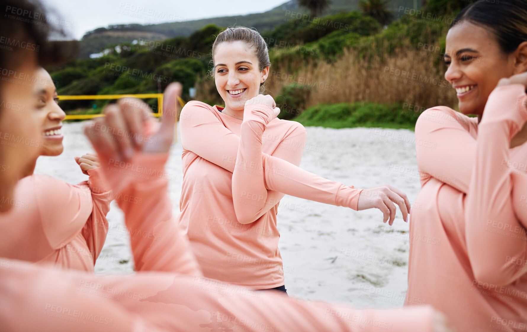 Buy stock photo Volleyball, sports and women stretching on beach excited to play match, competition and games. Teamwork, fitness and happy female players stretch arms for warm up practice, training and exercise