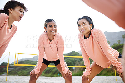 Buy stock photo Volleyball huddle, sport women and smile on the beach before game, fitness and team training. Workout, exercise and teamwork of young people with happiness together for sports and athlete match