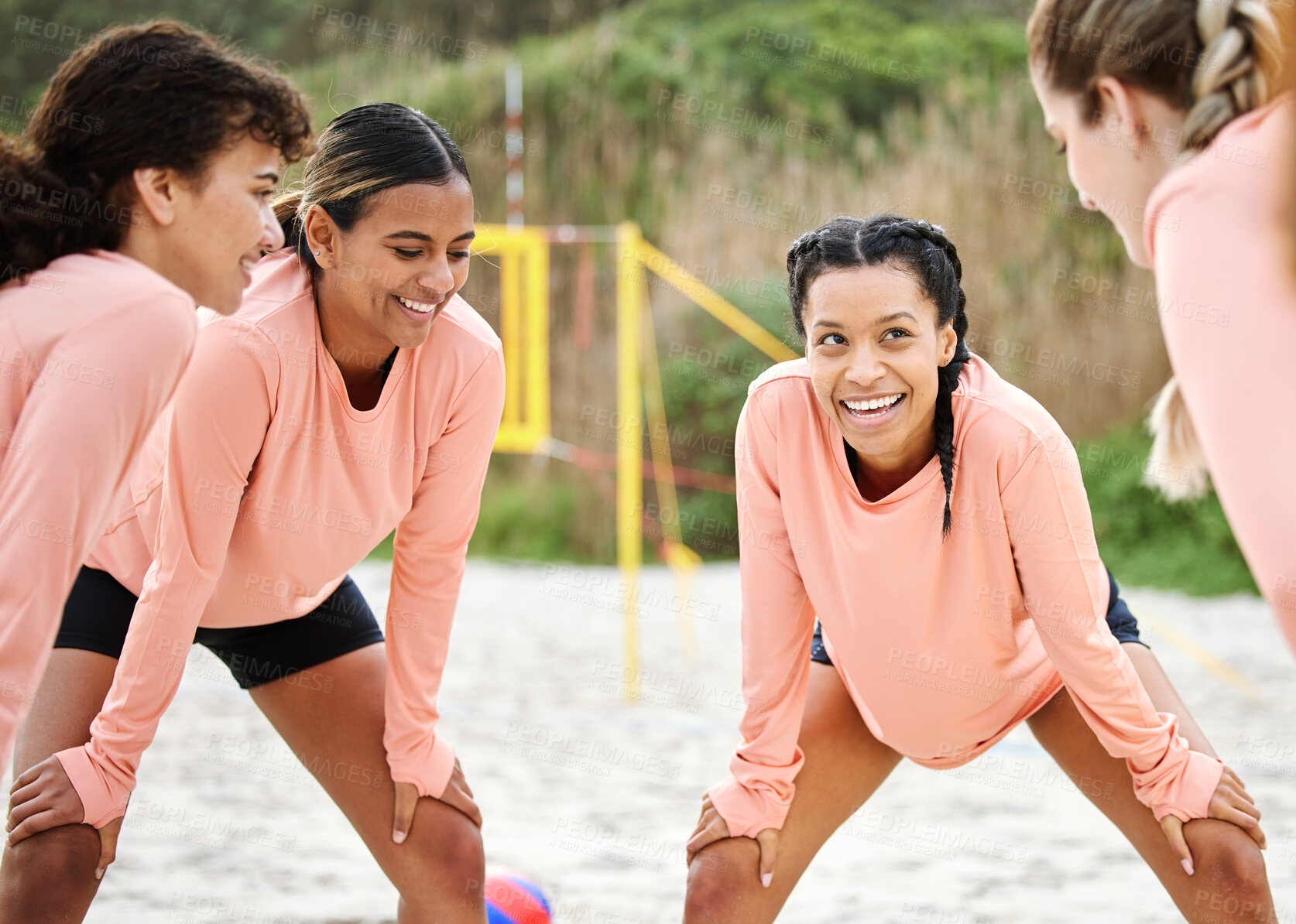 Buy stock photo Volleyball circle, sport women and smile on the beach before game, fitness and team training. Workout, exercise happiness and teamwork of young people planning together for sports and athlete match