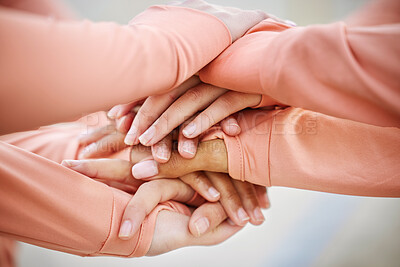 Buy stock photo Hands together, teamwork and collaboration for sports, team building or motivation. Solidarity, unity and group of women or athletes stack or huddle for goals, targets or support, success or training