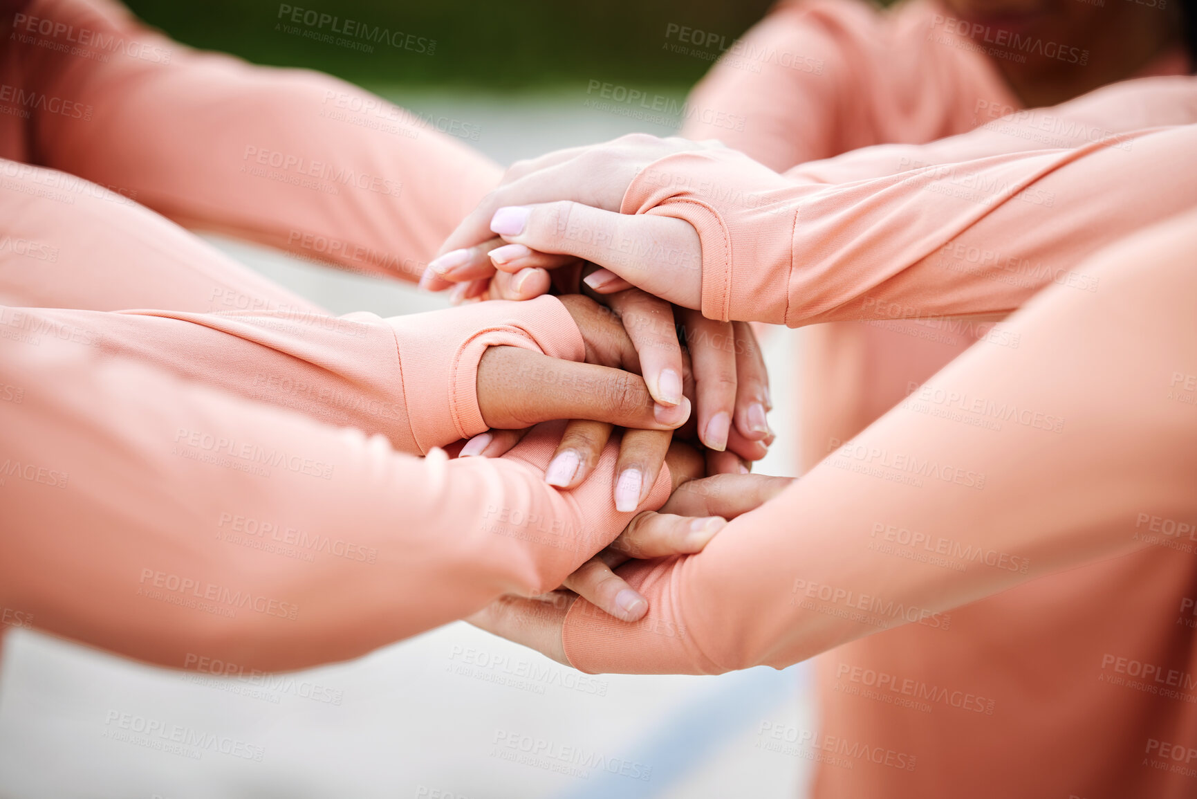 Buy stock photo Teamwork, hands together and collaboration for sports, team building or motivation. Solidarity, unity and group of women or athletes huddle for goals, targets or support, union or volleyball training