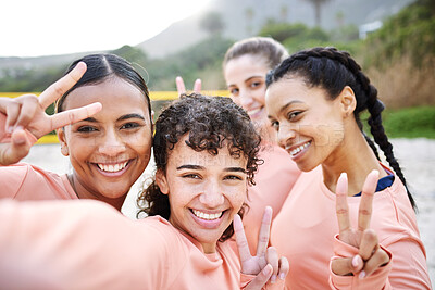 Buy stock photo Selfie portrait, volleyball and women with peace sign on beach for sports game, match and competition. Friends, teamwork and happy girl athletes smile in picture for training, practice and fitness