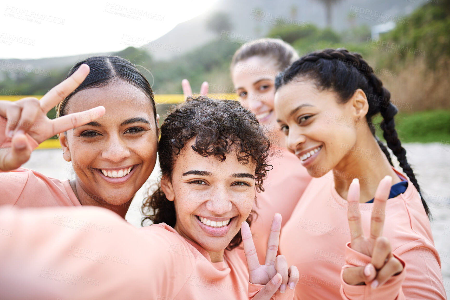 Buy stock photo Selfie portrait, volleyball and women with peace sign on beach for sports game, match and competition. Friends, teamwork and happy girl athletes smile in picture for training, practice and fitness