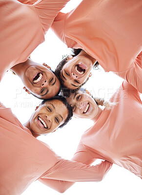 Buy stock photo Happy, circle and portrait of women from the bottom with diversity, unity and community. Happiness, smile and multiracial female friends laughing, bonding and standing together by a white background.