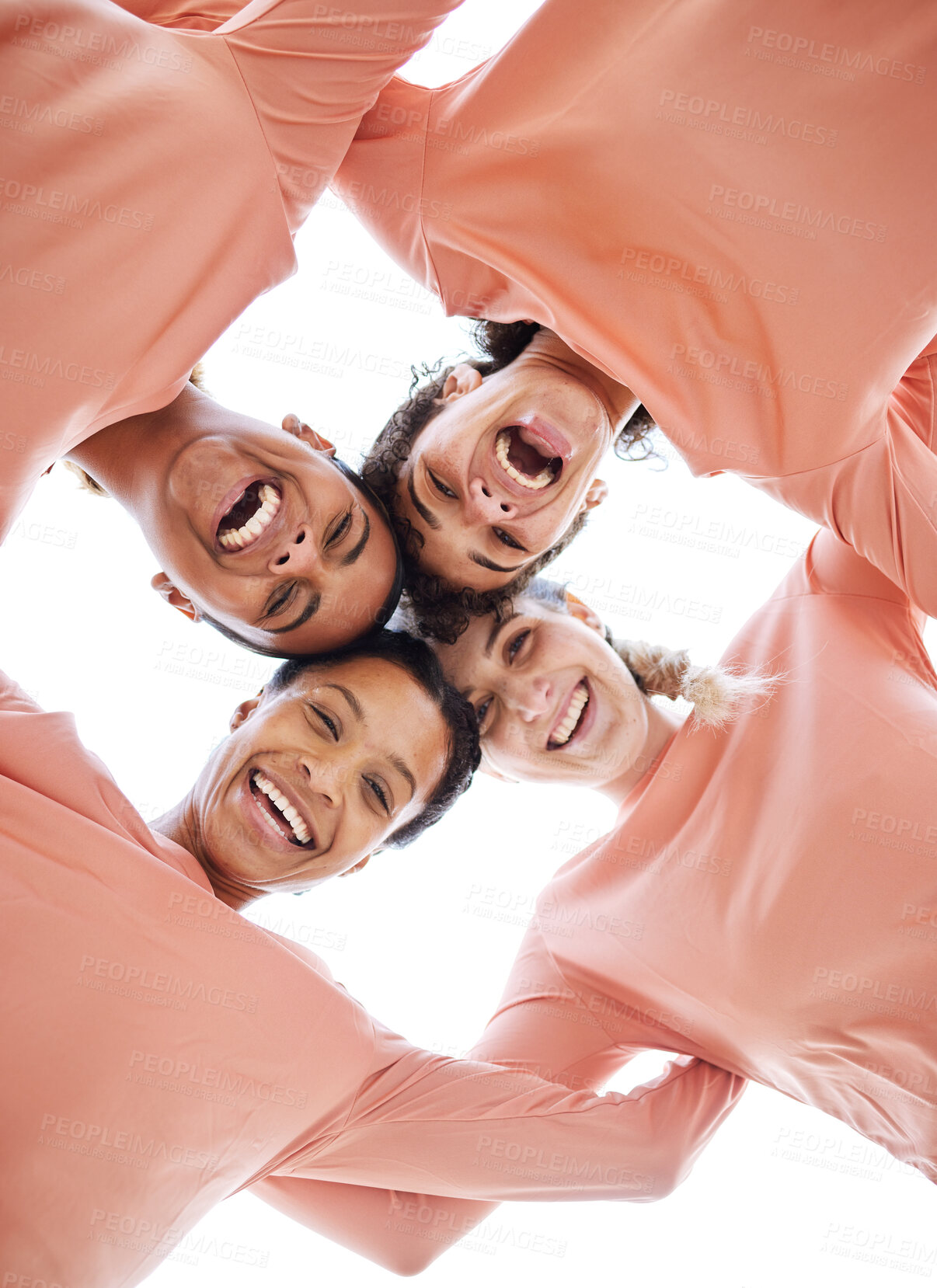 Buy stock photo Happy, circle and portrait of women from the bottom with diversity, unity and community. Happiness, smile and multiracial female friends laughing, bonding and standing together by a white background.