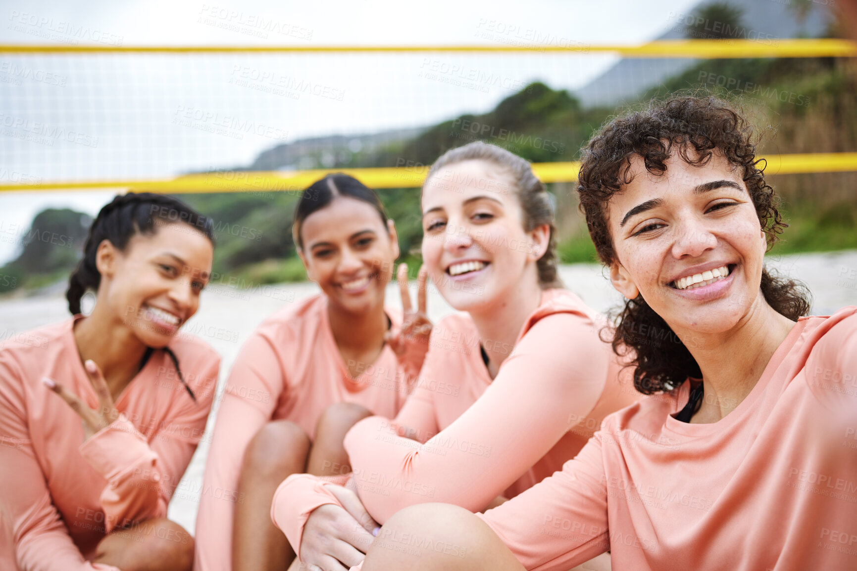 Buy stock photo Volleyball women team, beach selfie and peace sign in portrait with smile, support and diversity for sport. Gen z woman athlete, social media and profile picture with solidarity, fitness and wellness