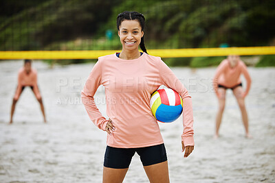 Buy stock photo Volleyball, beach or portrait of sports women playing a game in training or workout in summer together. Team fitness, smile or happy friends on sand ready to start a fun competitive match in Brazil