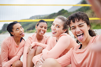 Buy stock photo Volleyball woman team, beach selfie or funny face in portrait for smile, support or diversity for sport. Comic athlete women, social media or silly profile picture for solidarity, fitness or wellness