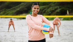 Volleyball, beach or portrait of sports girl playing a game in training or fitness workout with team. Face, smile or happy woman with friends on sand ready to start a fun competitive match in Brazil