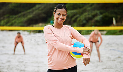 Buy stock photo Volleyball, beach or portrait of sports girl playing a game in training or fitness workout with team. Face, smile or happy woman with friends on sand ready to start a fun competitive match in Brazil