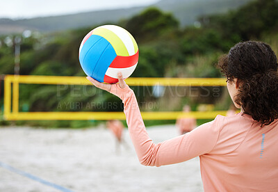 Buy stock photo Volleyball, beach body or hand of girl playing a game in training or team workout in summer together. Sports fitness, zoom or healthy woman on sand ready to start a fun competitive match in Brazil 