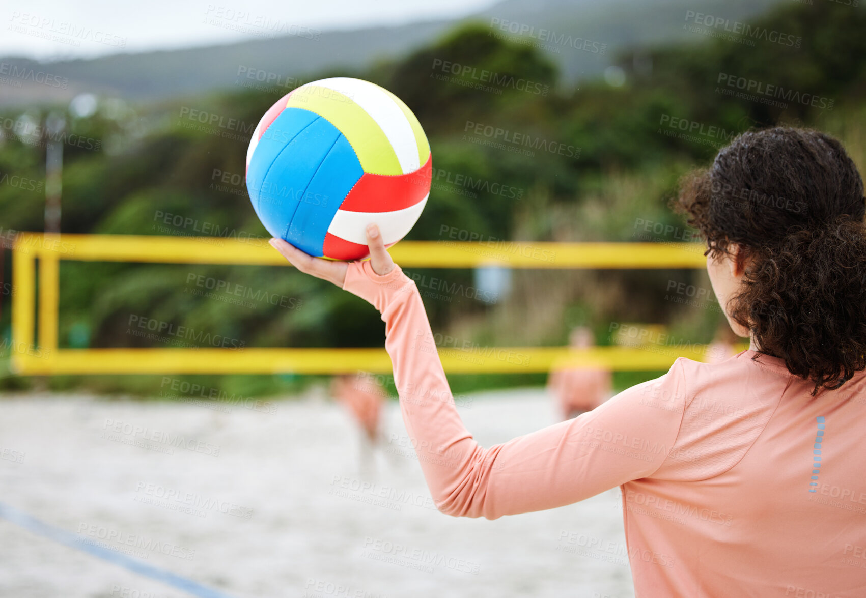 Buy stock photo Volleyball, beach body or hand of girl playing a game in training or team workout in summer together. Sports fitness, zoom or healthy woman on sand ready to start a fun competitive match in Brazil 