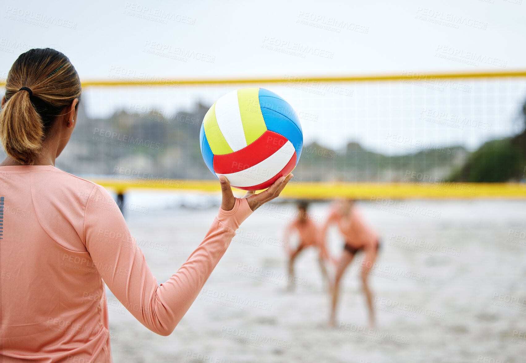 Buy stock photo Beach volleyball, ready or hand of sports woman playing a game in training or workout in summer together. Girls team, fitness start or friends on sand ready to start a fun competitive match in Brazil