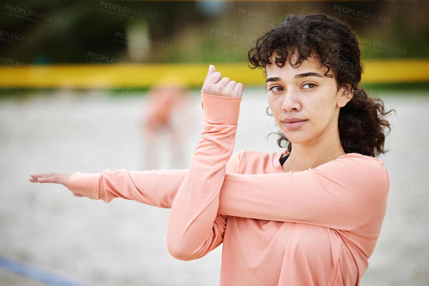 Buy stock photo Exercise, stretching arm and woman at beach for volleyball practice, training or workout. Thinking, sports fitness and female athlete warm up, prepare or get ready to start match, game or competition