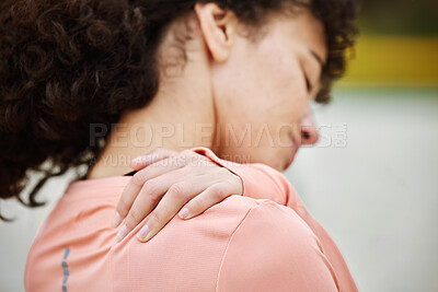 Buy stock photo Shoulder pain, fitness and woman with injury at beach after volleyball accident, workout or training. Health, sports or female with fibromyalgia, inflammation or painful back, arthritis or tendinitis