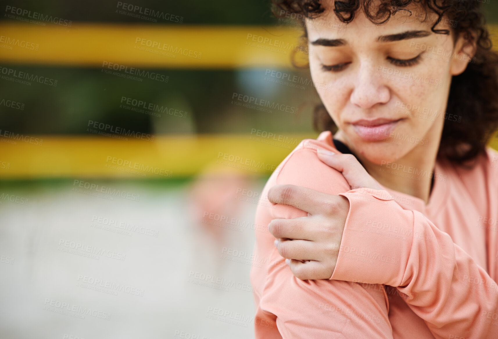 Buy stock photo Shoulder pain, fitness and woman with injury at beach after volleyball accident, workout or training. Health, sports and female with fibromyalgia, inflammation or painful arm, arthritis or tendinitis