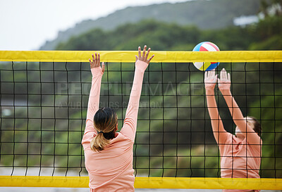 Buy stock photo Volleyball, beach and training with sports women playing a game outdoor for competition in summer. Team, sport and ball with female friends on the sand by the coast to play a competitive match