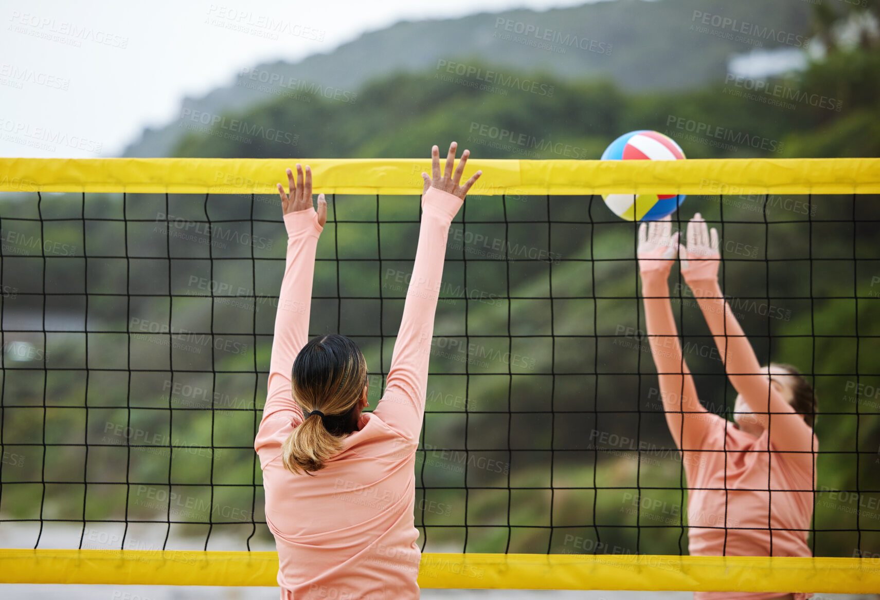 Buy stock photo Volleyball, beach and training with sports women playing a game outdoor for competition in summer. Team, sport and ball with female friends on the sand by the coast to play a competitive match