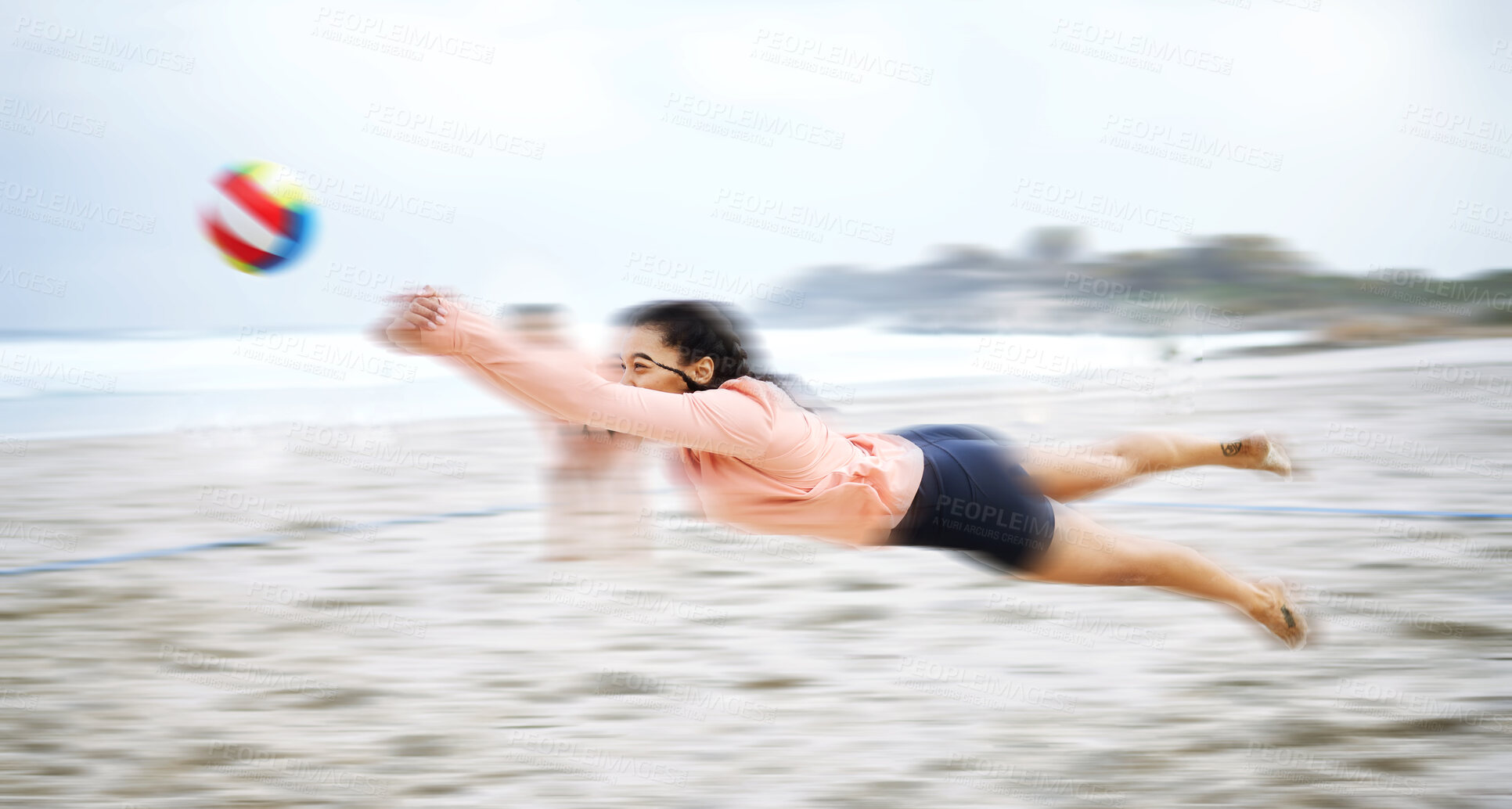 Buy stock photo Beach volleyball, diving or sports woman playing a game in training or workout in summer together. Team fitness, dive action or active girl on sand in a fun competitive match in Sao Paulo, Brazil 