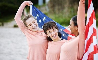 Buy stock photo Volleyball woman, team and american flag at beach, happiness and pride for celebration, winning or goal. Women, sports and diversity with support, solidarity or teamwork for winner with excited smile