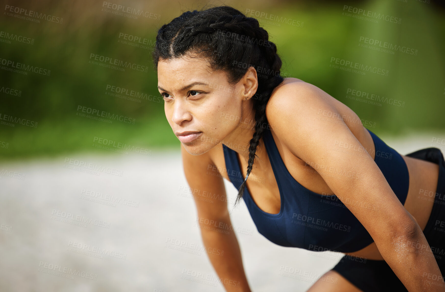 Buy stock photo Beach, fitness and focus with a woman runner breathing while outdoor for cardio or endurance training. Exercise, tired or rest and a female athlete taking a break from running on the sand with mockup