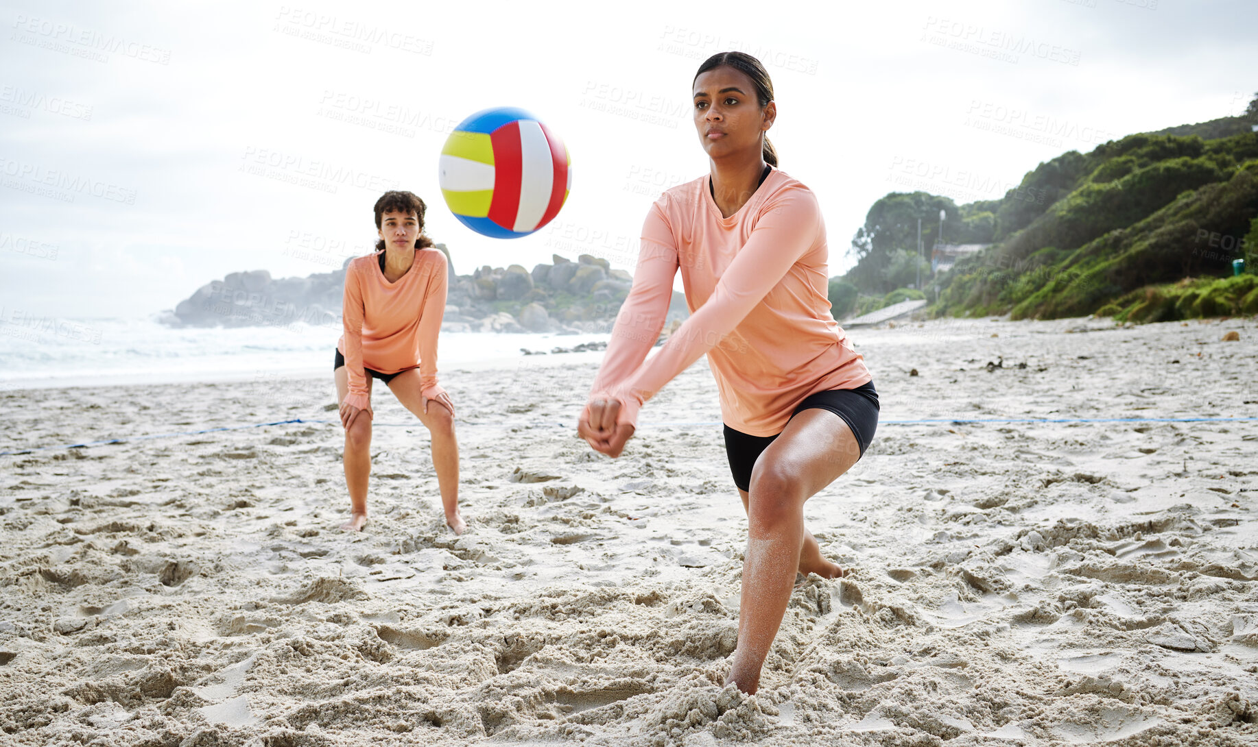 Buy stock photo Volleyball, sports and teamwork of women at beach hitting ball in competition, game or match mockup. Training, exercise and girls, players or friends play for workout, fitness and health at seashore.