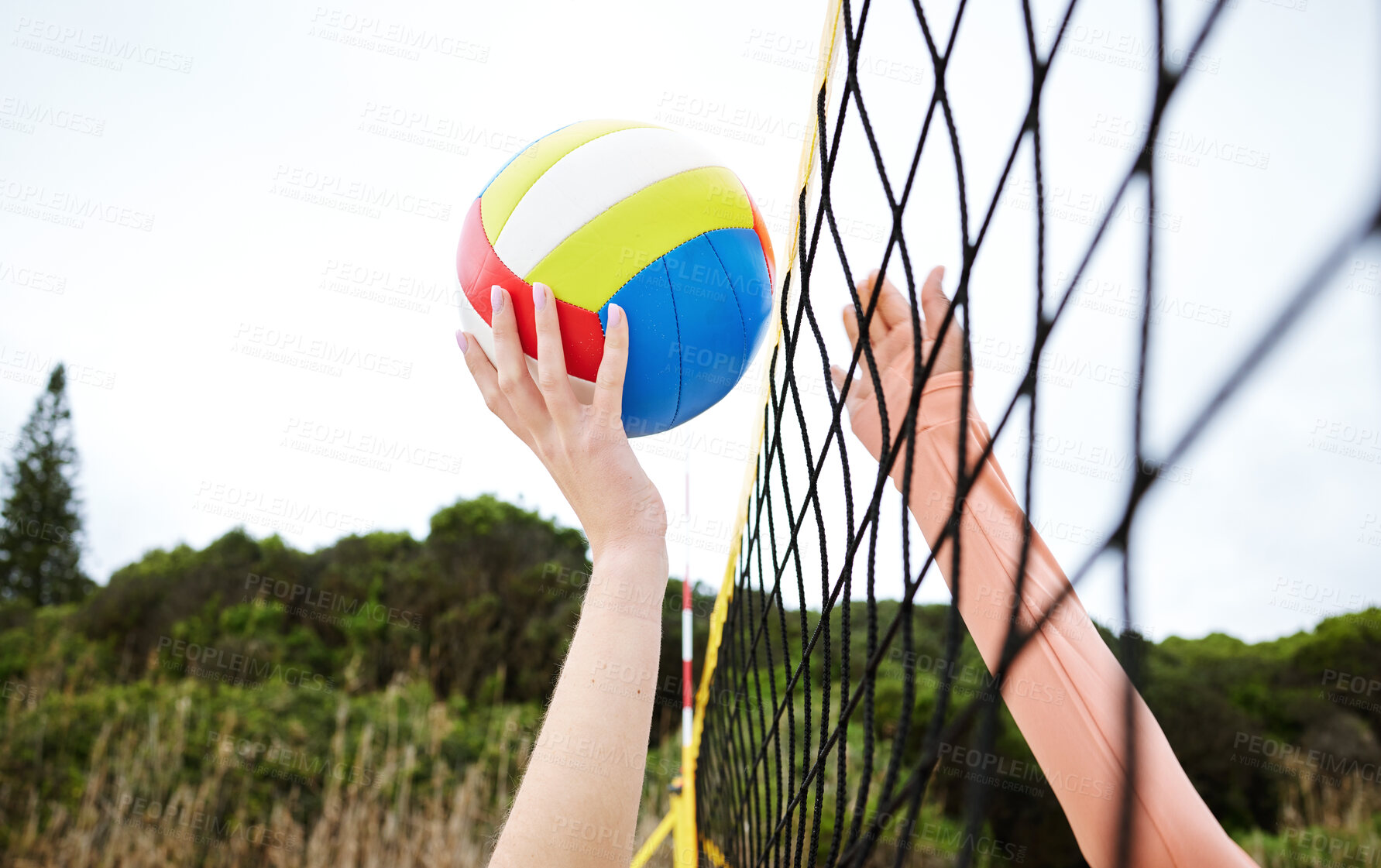 Buy stock photo Hands, fitness and beach net volleyball with woman scoring goals in competition, game or match. Sports, training and female athlete holding ball in tournament to score for exercise or workout outdoor