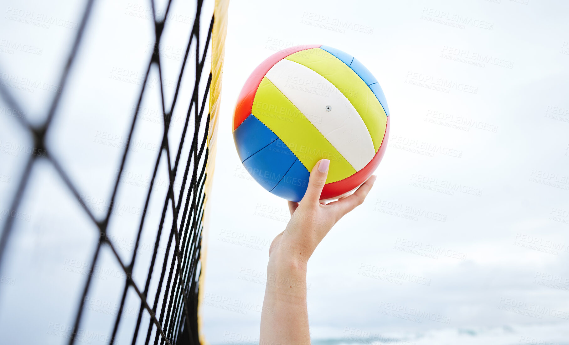 Buy stock photo Hands, fitness and beach net volleyball with woman scoring goals in competition, game or match. Sports, training and female athlete holding ball in tournament to score for exercise or workout outdoor