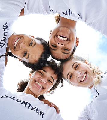 Buy stock photo Portrait, huddle and women volunteering in nature for community, earth day and cleanup project. Smile, below and a group of volunteers with support, collaboration and helping for charity service