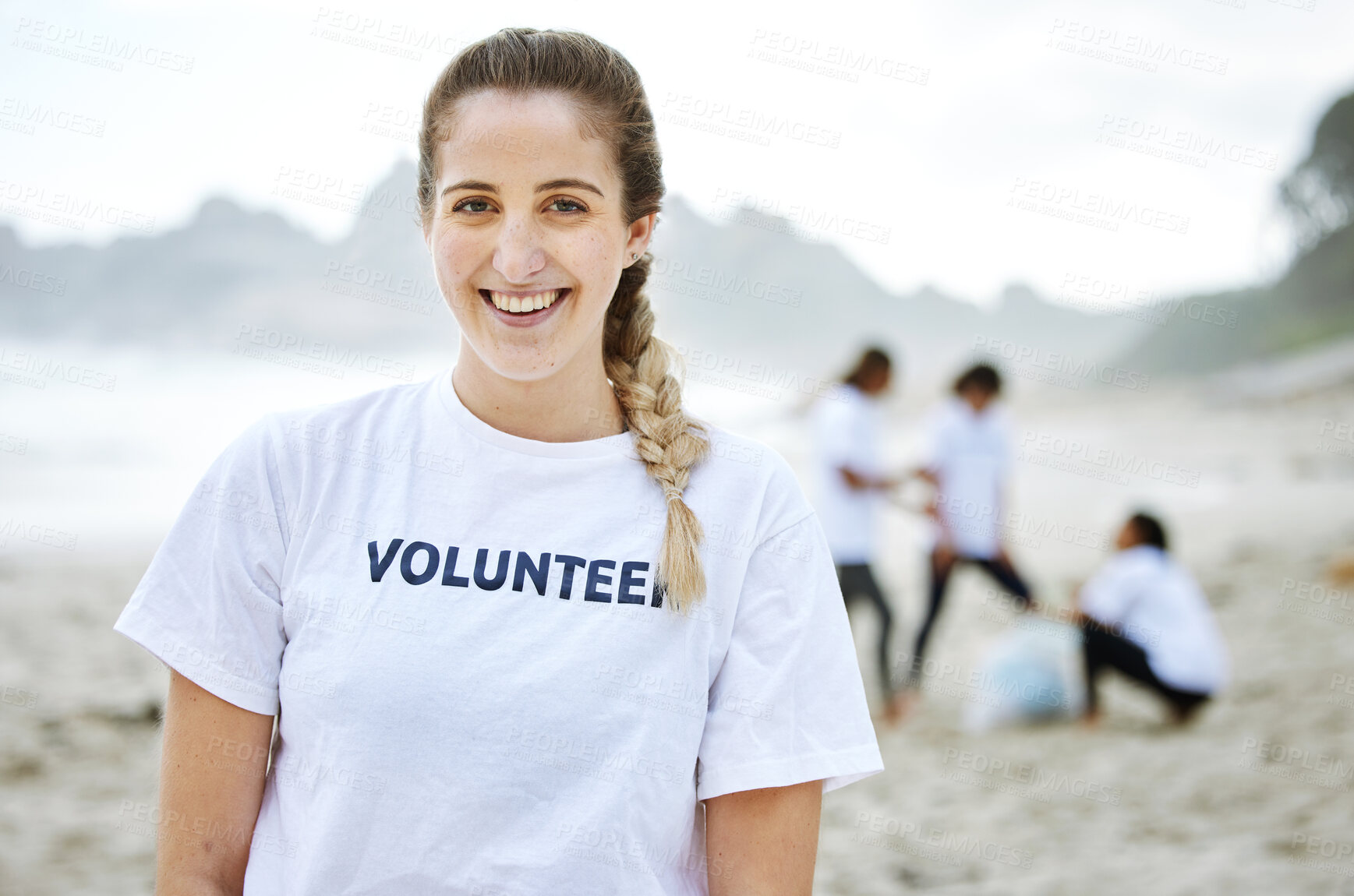 Buy stock photo Smile, volunteer portrait and woman at beach for cleaning, recycling or environmental sustainability. Earth day, happy face and proud female for community service, charity and climate change at ocean