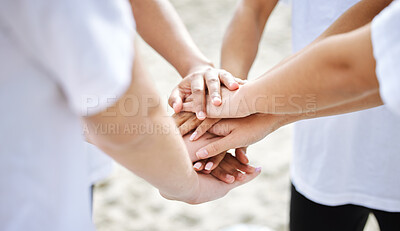 Buy stock photo Hands together, teamwork and collaboration of people for sustainability or eco friendly at beach. Earth day, volunteer and group of men and women huddle for community service, support or charity.