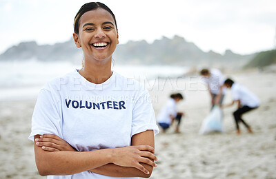 Buy stock photo Smile, portrait and volunteer woman at beach for cleaning, recycling and sustainability. Earth day, laughing and proud female with arms crossed for community service, charity and climate change.