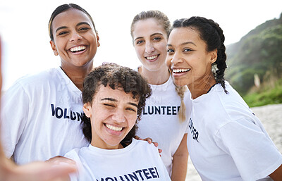 Buy stock photo Portrait, selfie and volunteer women at beach taking pictures for earth day, environmental sustainability or recycling. Charity, community service and group smile of happy girls or friends laughing.