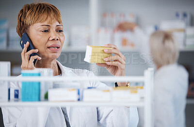 Buy stock photo Reading, conversation and pharmacist on a phone call about medicine information or ingredients. Medical, talking and mature female doctor speaking about pills, advice and prescription on a mobile