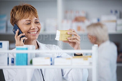 Buy stock photo Consulting, conversation and pharmacist on a phone call about medicine information or ingredients. Medical, talking and mature female doctor speaking about pills, advice and prescription on a mobile