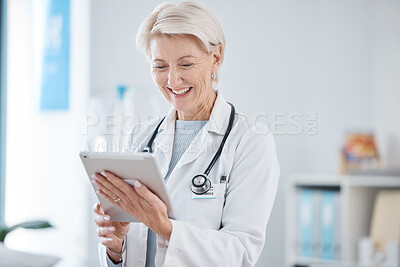 Buy stock photo Healthcare, tablet and senior doctor smile in hospital for online consulting, telehealth and wellness app. Clinic, insurance and woman on digital tech for internet, medical research or patient data