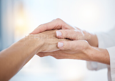Buy stock photo Hope, woman or nurse holding hands in hospital consulting for medical test news or results for sympathy support. Empathy, trust or zoom of doctor in healthcare clinic nursing or helping sick patient 