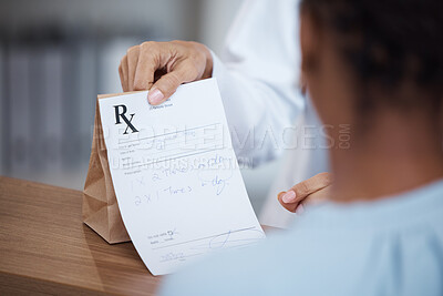 Buy stock photo Medicine, healthcare and woman with a prescription from doctor for medication and instructions. Medical, reading and pharmacist giving a patient a paper with information on pills and antibiotics