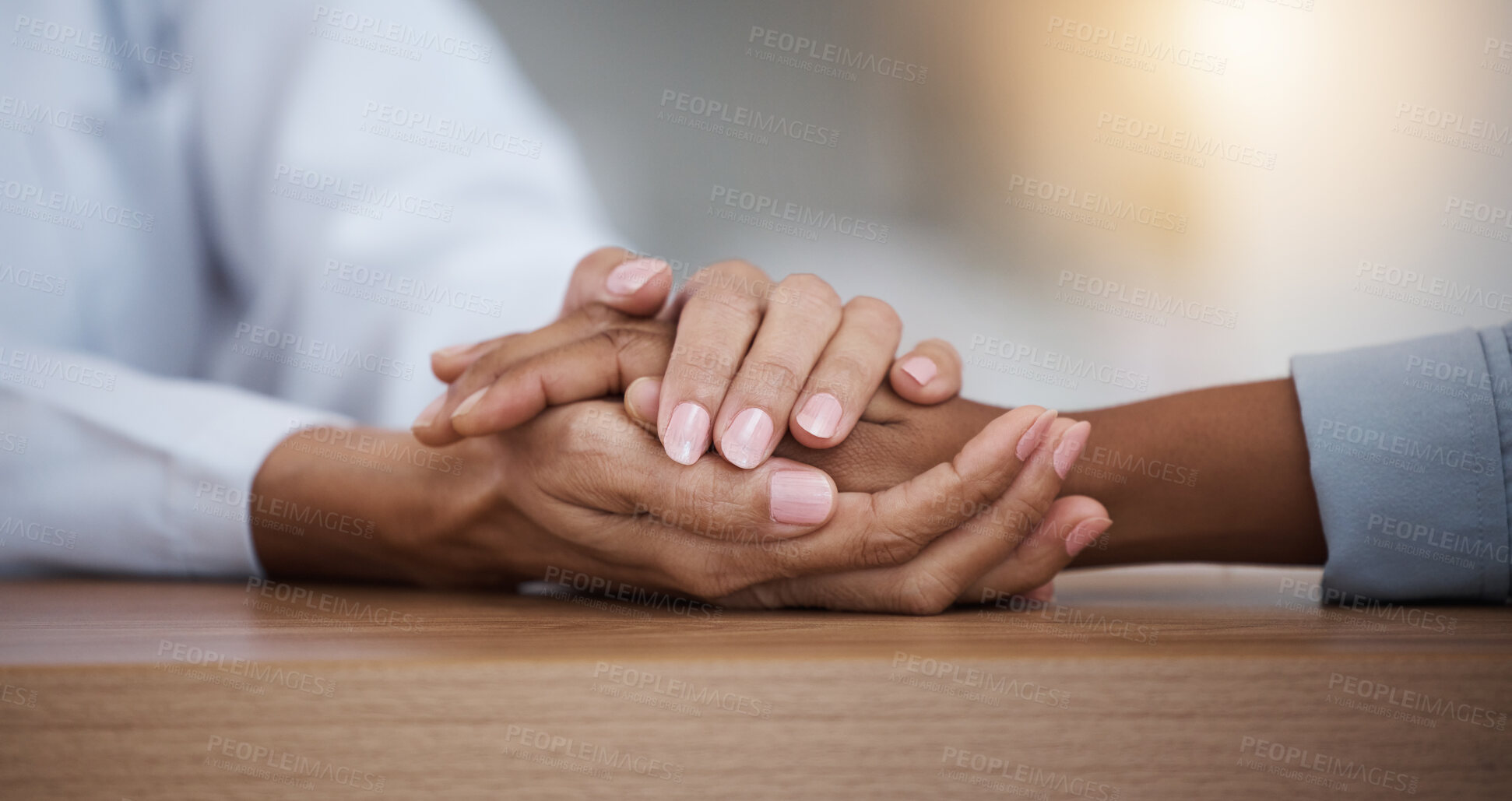 Buy stock photo Hope, black woman or doctor holding hands in hospital consulting for medical test news or results for sympathy. Empathy, sad or zoom of nurse in healthcare clinic nursing or helping sick patient 