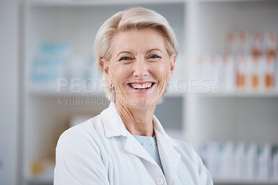 Buy stock photo Pharmacy, pharmacist portrait and smile of woman in drugstore or medicine shop. Healthcare, wellness face and happy, proud and confident senior medical professional from Canada laughing for career.