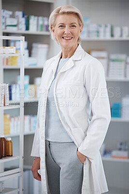 Buy stock photo Pharmacy portrait, pharmacist and smile of woman in drugstore or medicine shop. Healthcare, doctor wellness and happy, proud and confident senior medical professional from Canada with career pride.