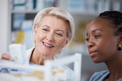 Buy stock photo Pharmacist, healthcare and black woman with medicine, shopping and conversation for instructions, information and smile. Pharmacy, female customer and medical professional with pills and discussion