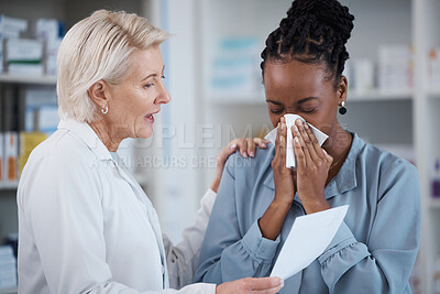 Buy stock photo Pharmacy, advice and prescription with black woman and blowing nose for medicine, sick and disease. Medical, healthcare and shopping with pharmacist and customer in store for drugs, wellness or order