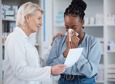 Buy stock photo Pharmacy, help and prescription with black woman and blowing nose for medicine, sick and disease. Medical, healthcare and shopping with pharmacist and customer in store for drugs, wellness or order