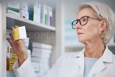 Buy stock photo Pharmacist, pharmacy and woman reading side effects on medication label, pills or box in drugstore. Healthcare, wellness and medical doctor looking at medicine, antibiotics or drugs or vitamins