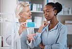 Suggestion, help and black woman with medicine from a pharmacist, dosage information and recommendation. Medical, sick and doctor reading label on a box of pills with an African patient for medicare